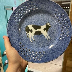 Calico China Blue Spongeware 9.5" Pierced Black & White Holstein Cow Plates